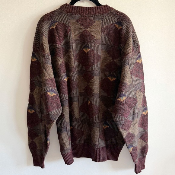 Vintage London Fog Sweater Men’s Large Brown Geometric Wool Blend Retro 90s 80s - Picture 2 of 6